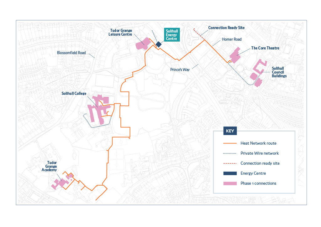 Energy network route showing pipe connections from the new Energy Centre adjacent Tudor Grange Leisure Centre. The pipes run through the park crossing the Alderbrook River to Tudor Grange Academy and Solihull College and to extend across Prince’s Way and Homer Road towards the Core Library.