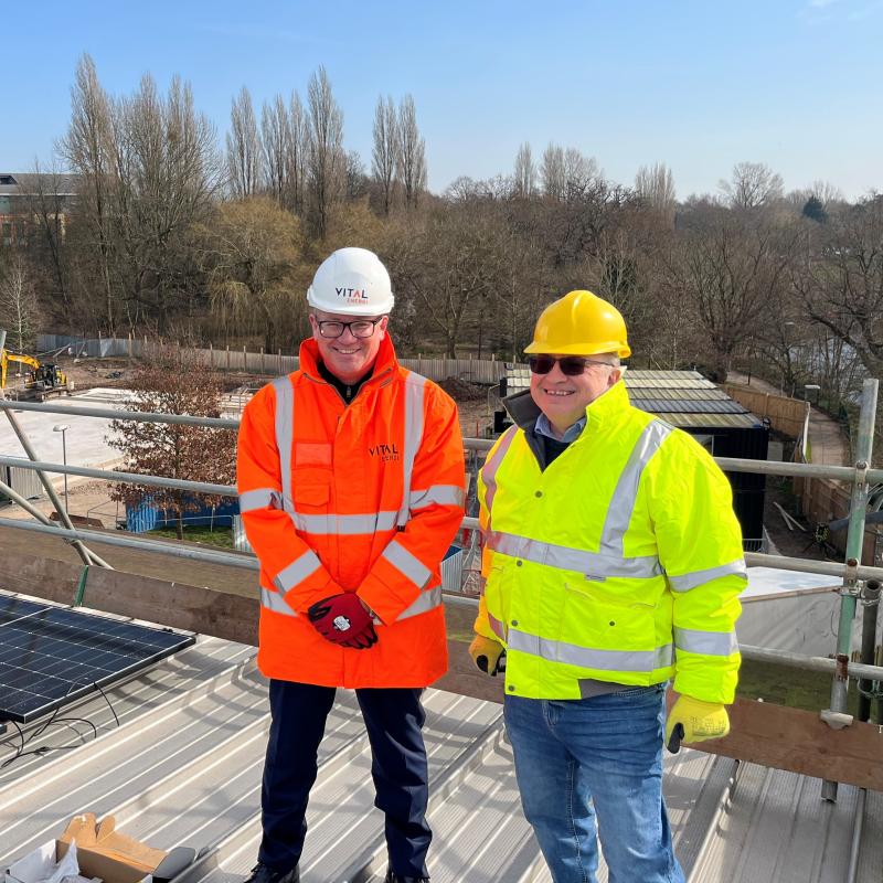  (Left) Simon Jones: Regional Manager, Vital Energi (Right) Cllr Andy Mackiewicz: Solihull Council, Portfolio Holder for Climate Change and Planning, overlooking the new energy centre site in Solihull.